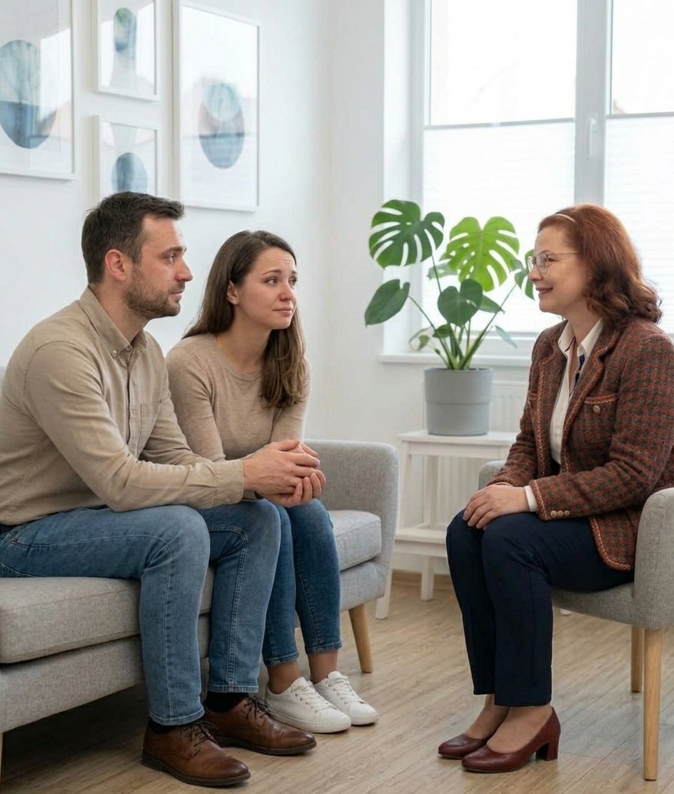 Loredana ascultă cu atenție un cuplu aflat la terapie, fiecare pe scaunul său